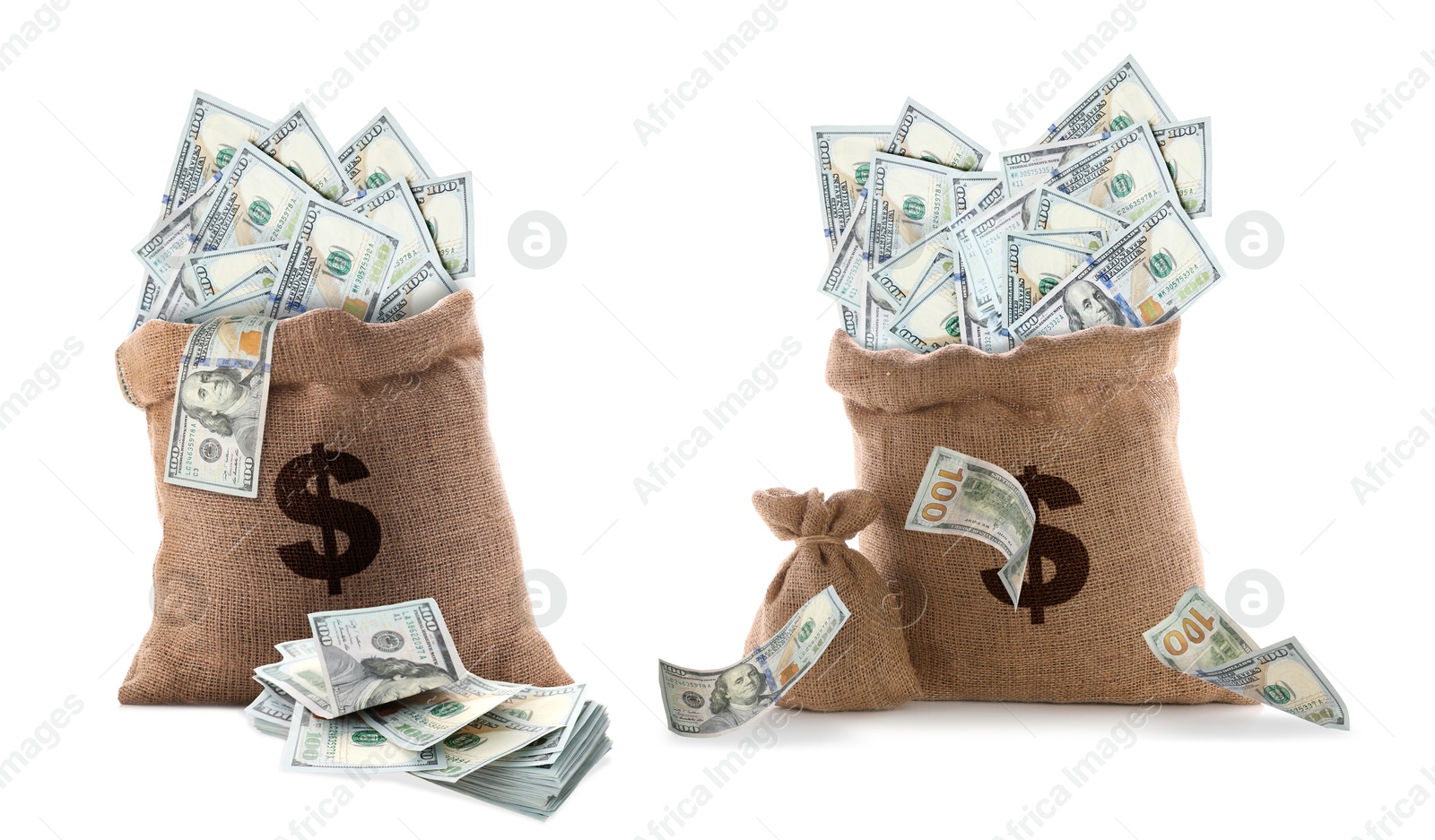 Image of Burlap sacks with dollar bills and currency symbols isolated on white