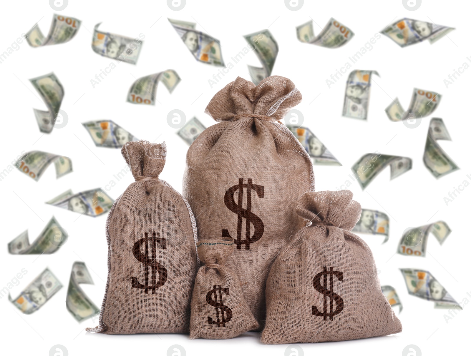 Image of Dollar bills flying around burlap sacks with currency symbols on white background