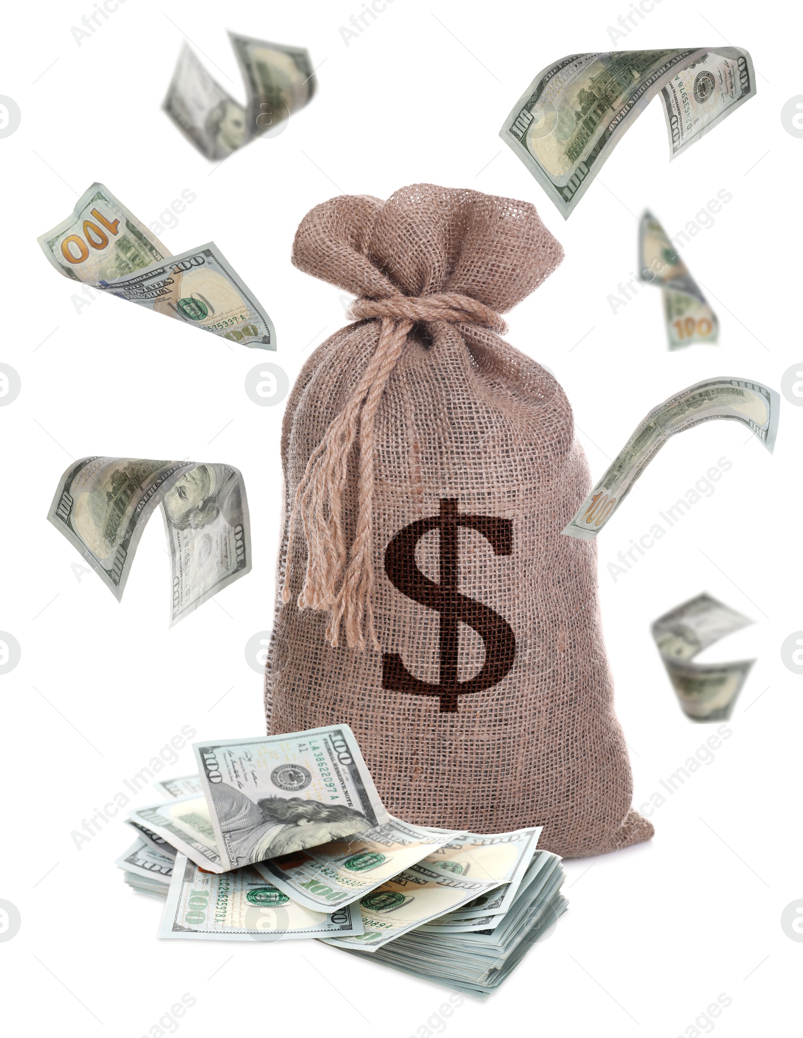 Image of Dollar bills flying around burlap sack with currency symbol on white background