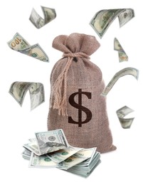 Image of Dollar bills flying around burlap sack with currency symbol on white background