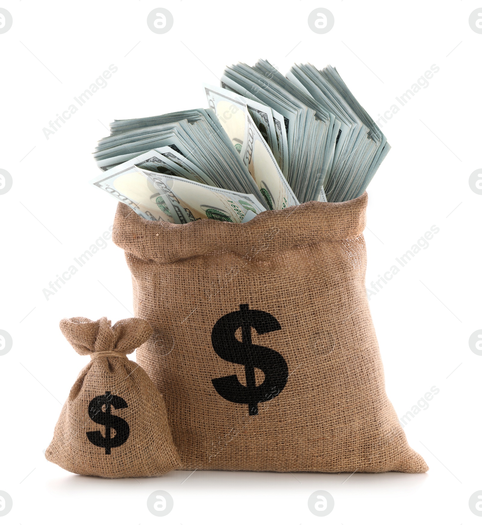 Image of Burlap sacks with dollar bills and currency symbols isolated on white