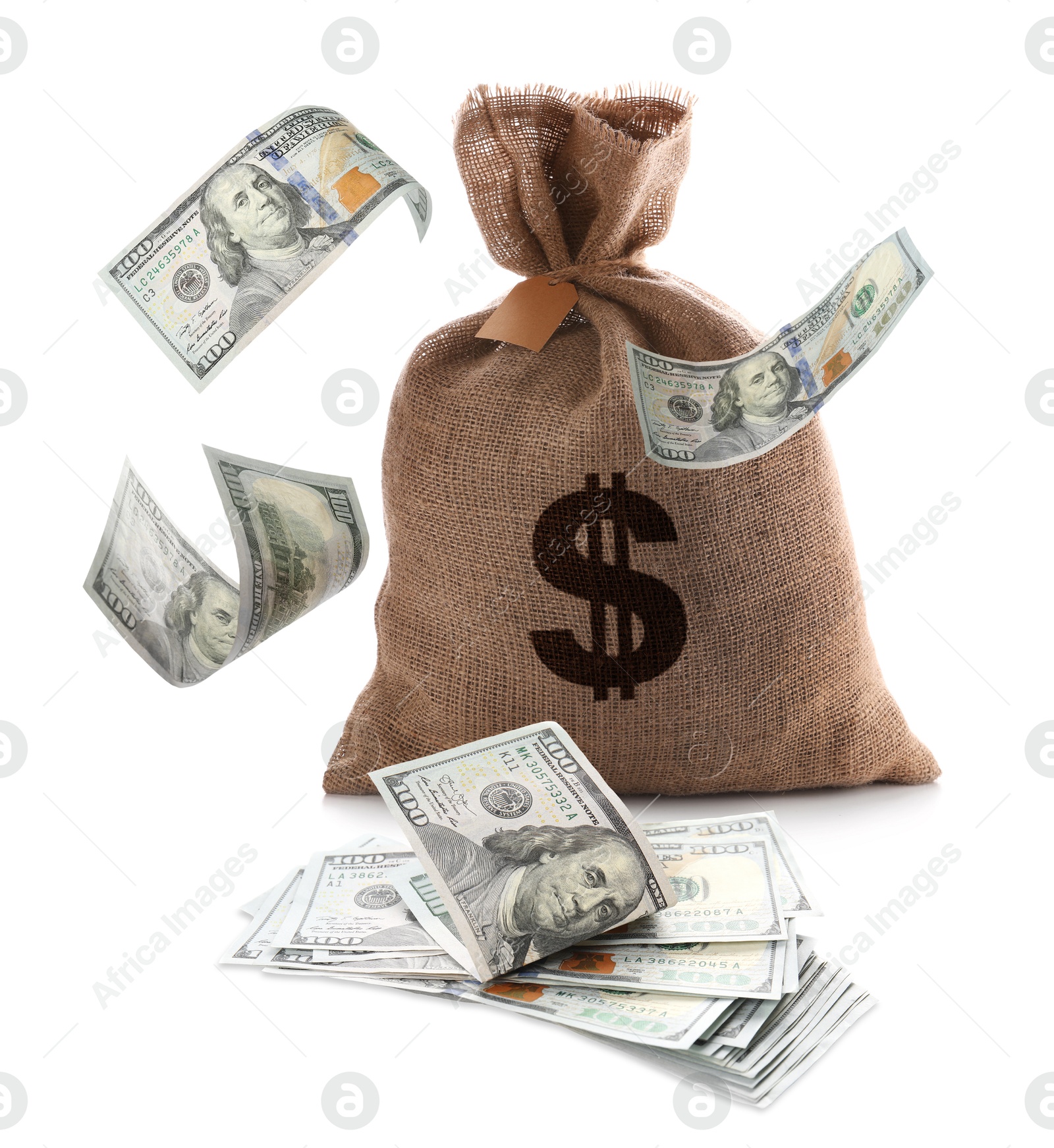 Image of Dollar bills flying around burlap sack with currency symbol on white background