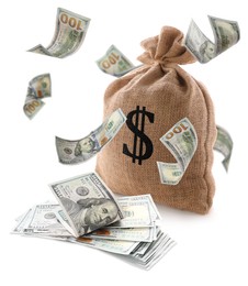 Image of Dollar bills flying around burlap sack with currency symbol on white background