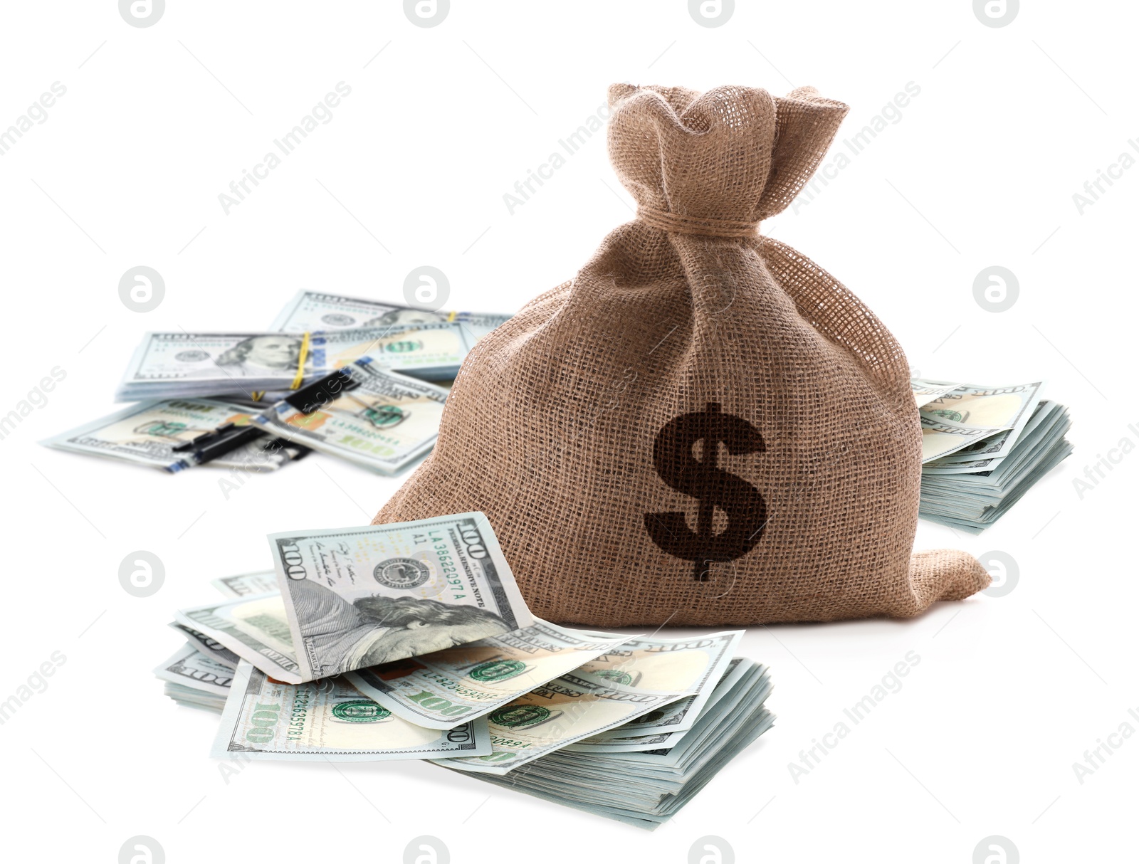 Image of Burlap sack with dollar bills and currency symbol isolated on white