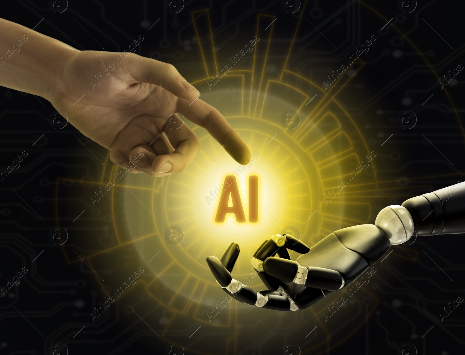 Image of AI abbreviation between human hand and robot arm on black background