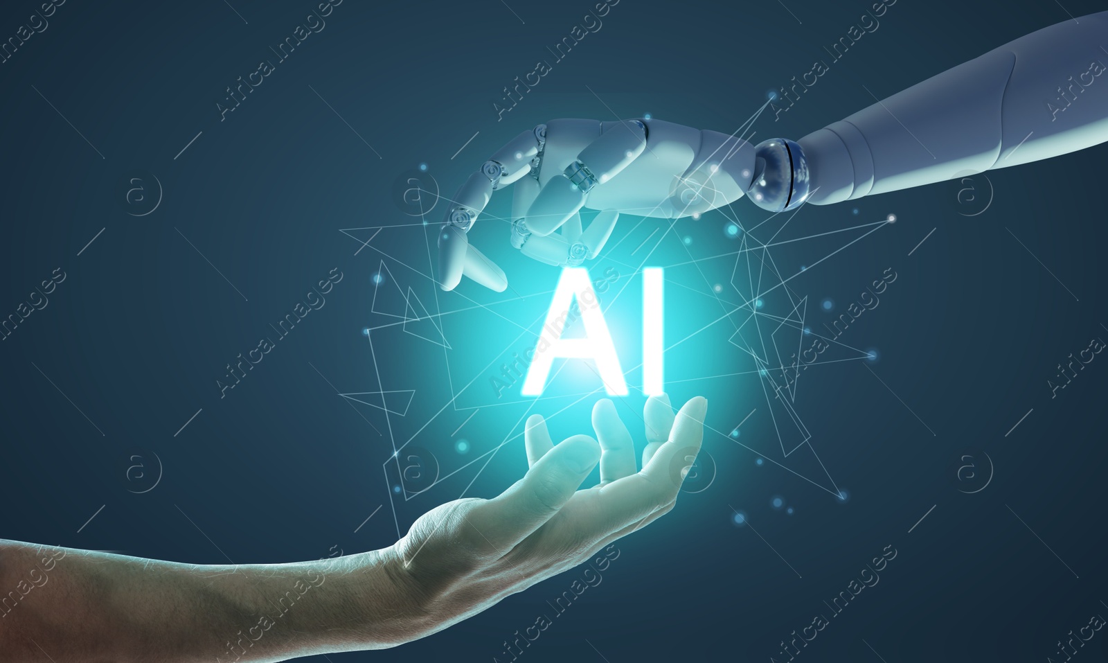 Image of AI abbreviation between human hand and robot arm on dark blue background. Banner design