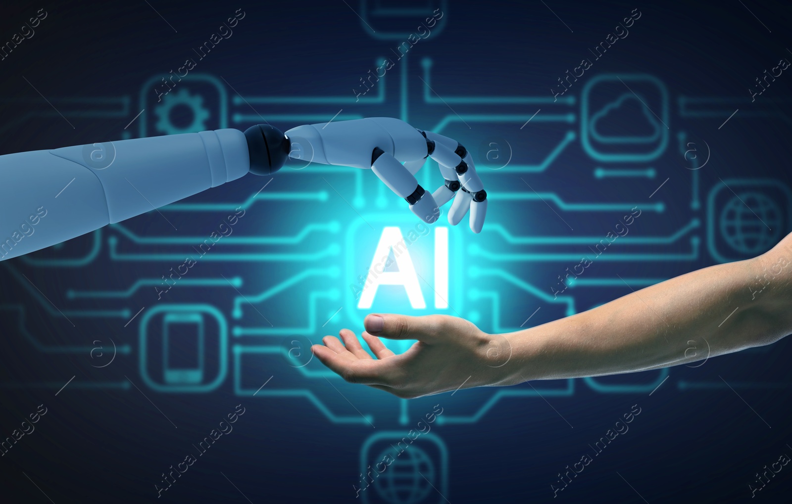 Image of AI abbreviation between human hand and robot arm on dark blue background with scheme