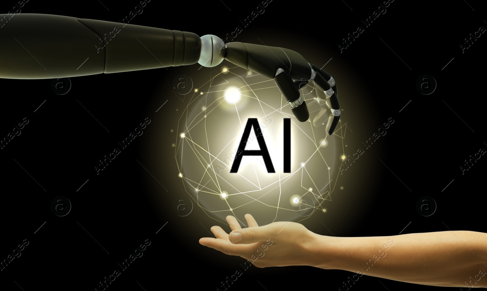 Image of AI abbreviation between human hand and robot arm on black background. Banner design