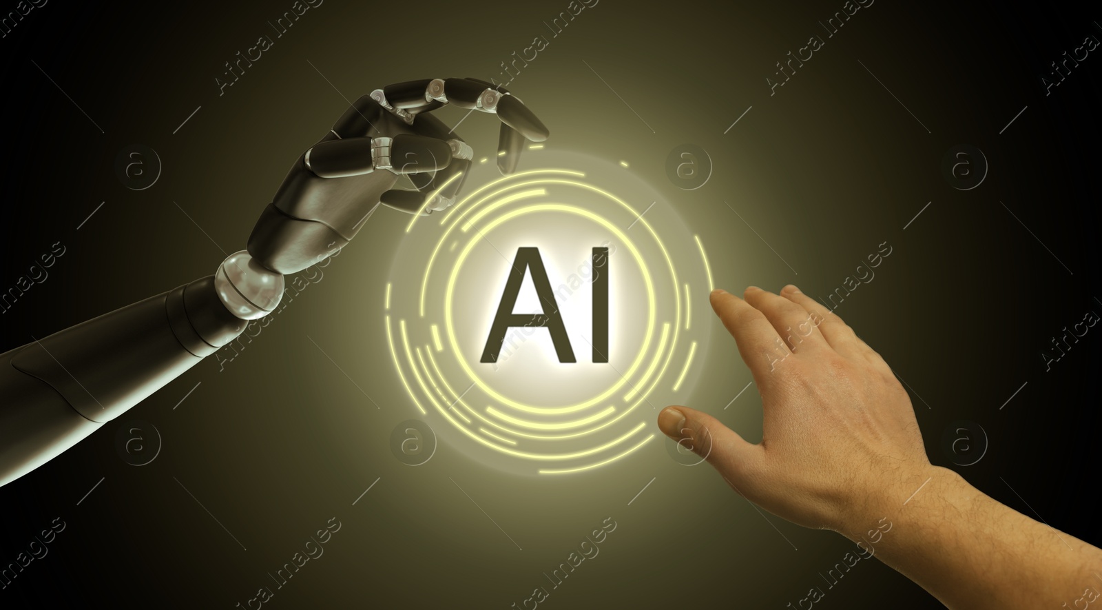 Image of AI abbreviation between human hand and robot arm on black background. Banner design