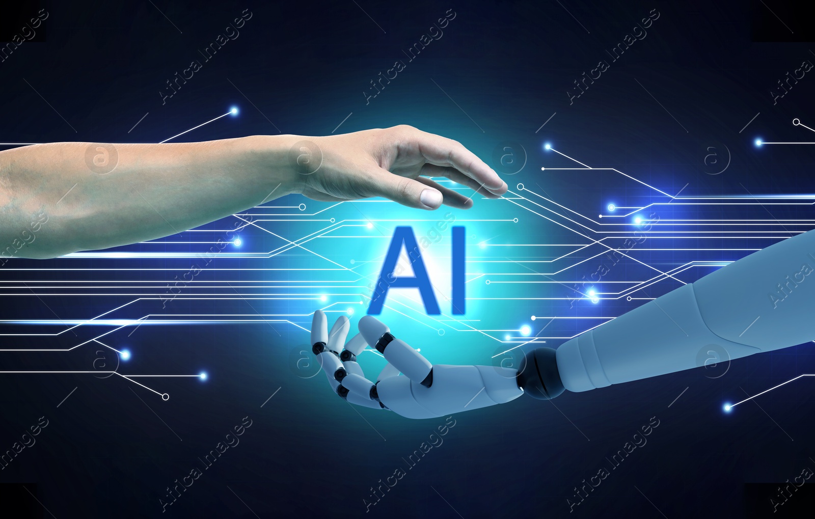 Image of AI abbreviation between human hand and robot arm on dark background with circuit board pattern