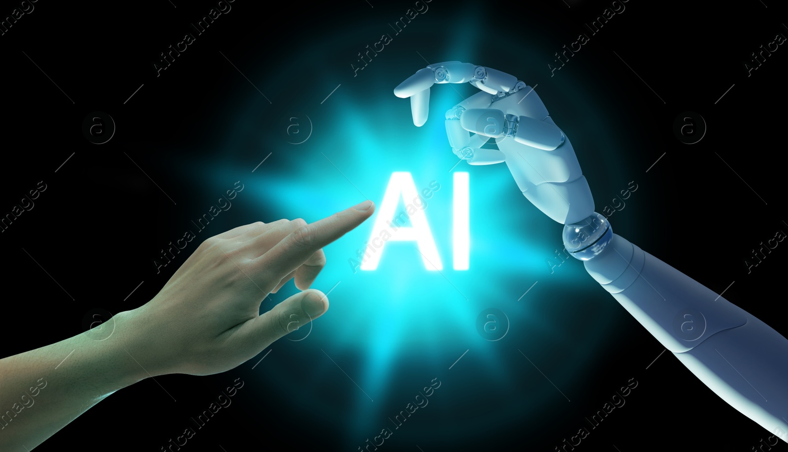 Image of AI abbreviation between human hand and robot arm on black background. Banner design