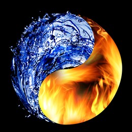 Image of Yin and yang symbol made of fire and water on black background