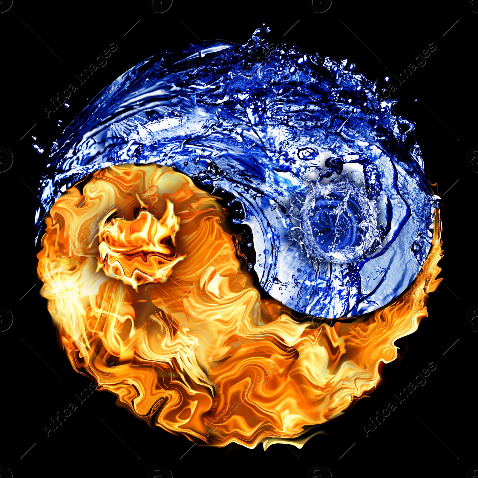 Image of Yin and yang symbol made of fire and water on black background