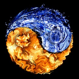 Image of Yin and yang symbol made of fire and water on black background