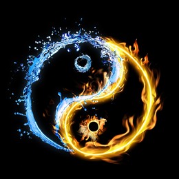 Yin and yang symbol made of fire and water on black background