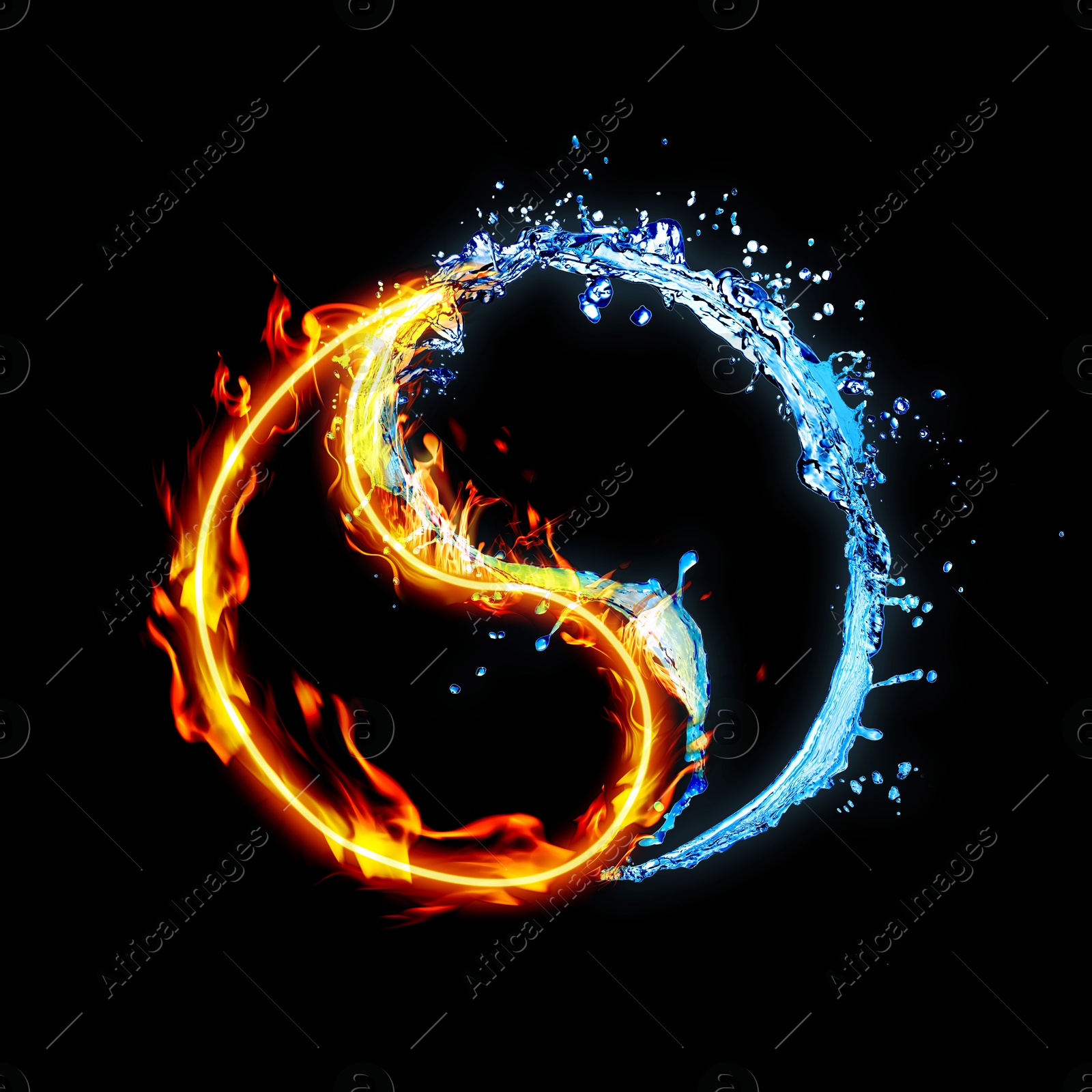 Image of Yin and yang symbol made of fire and water on black background