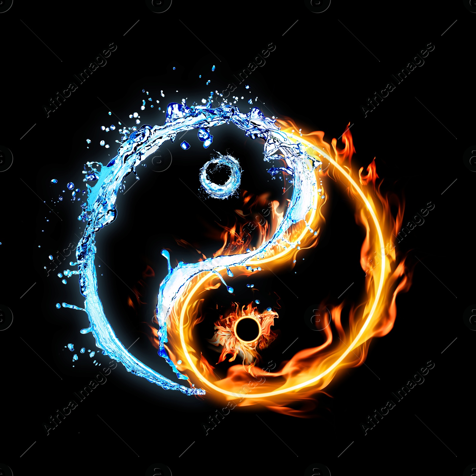 Image of Yin and yang symbol made of fire and water on black background