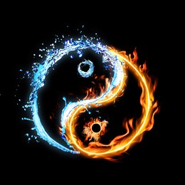 Image of Yin and yang symbol made of fire and water on black background