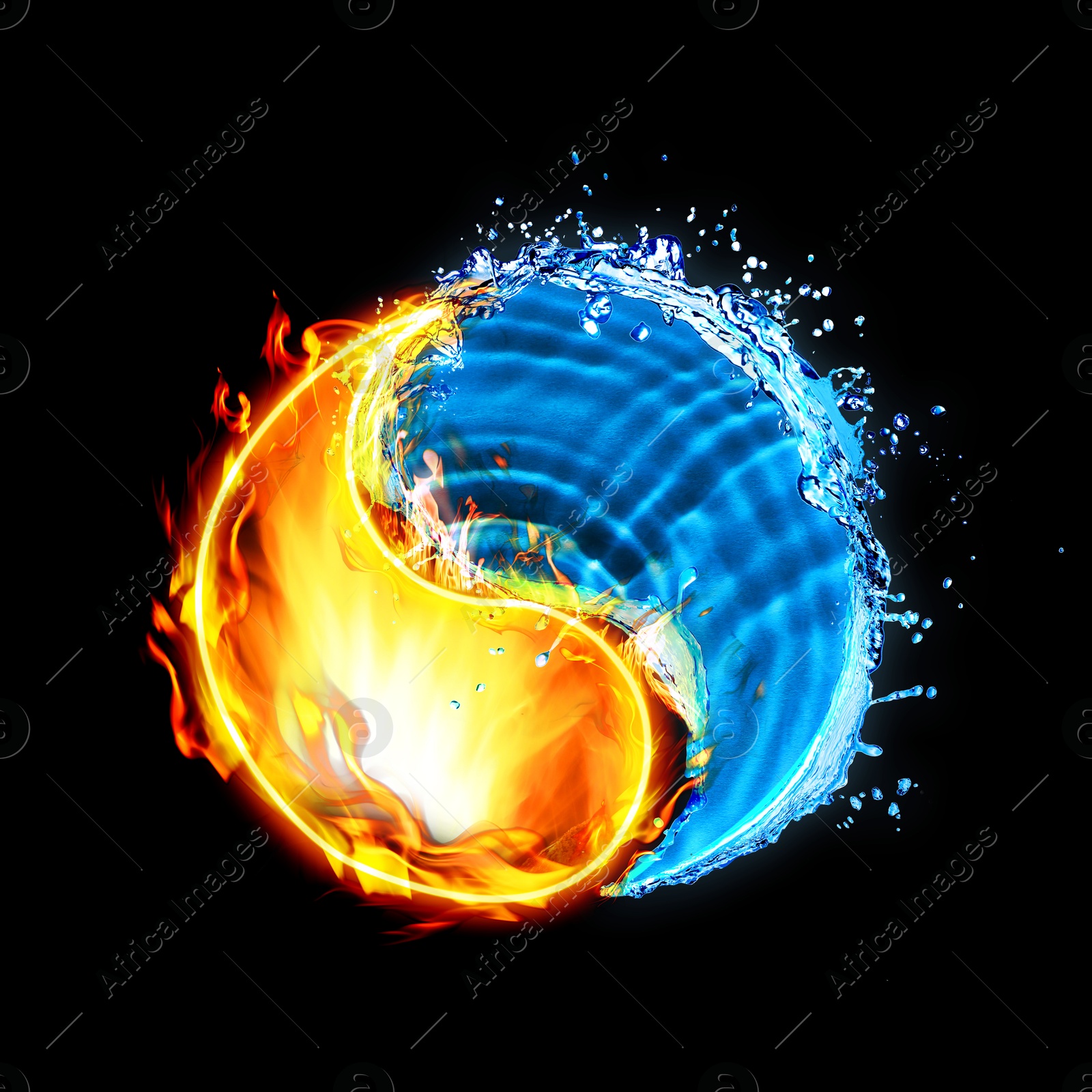 Image of Yin and yang symbol made of fire and water on black background