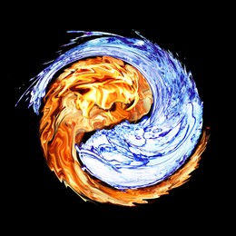 Image of Yin and yang symbol made of fire and water on black background