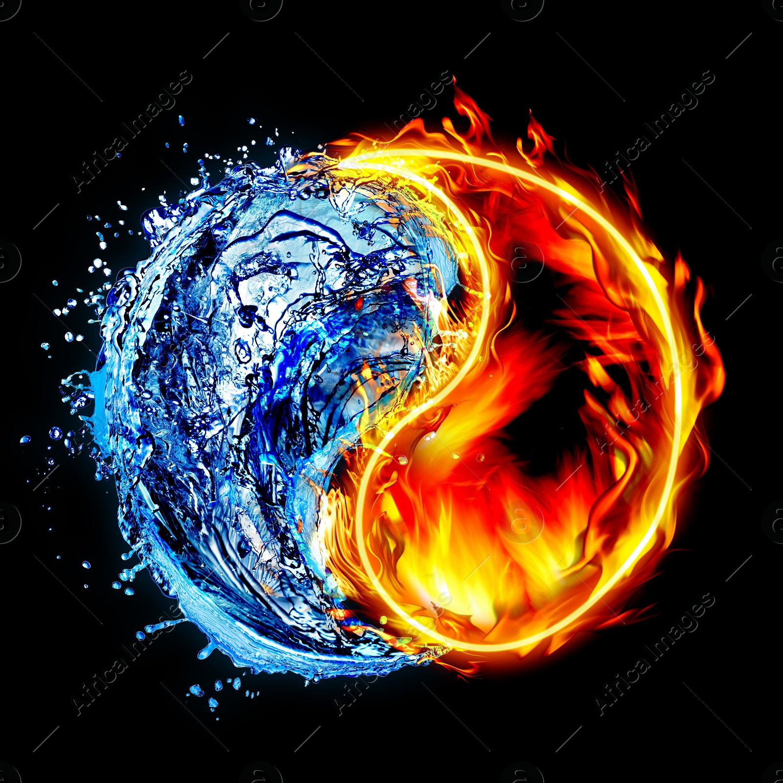 Image of Yin and yang symbol made of fire and water on black background