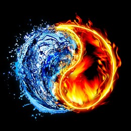 Image of Yin and yang symbol made of fire and water on black background