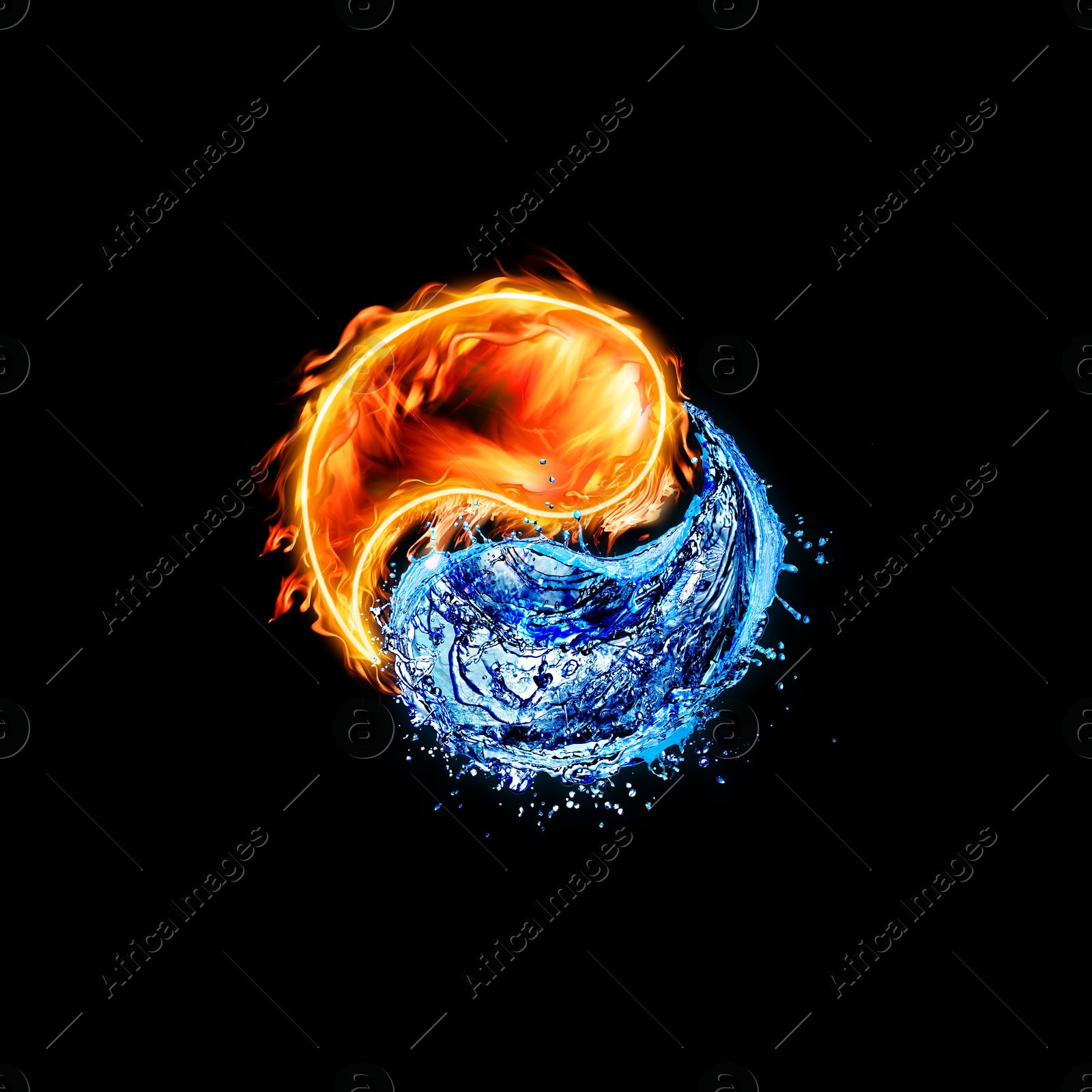 Image of Yin and yang symbol made of fire and water on black background