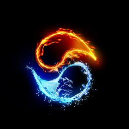 Image of Yin and yang symbol made of fire and water on black background