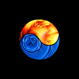 Image of Yin and yang symbol made of fire and water on black background