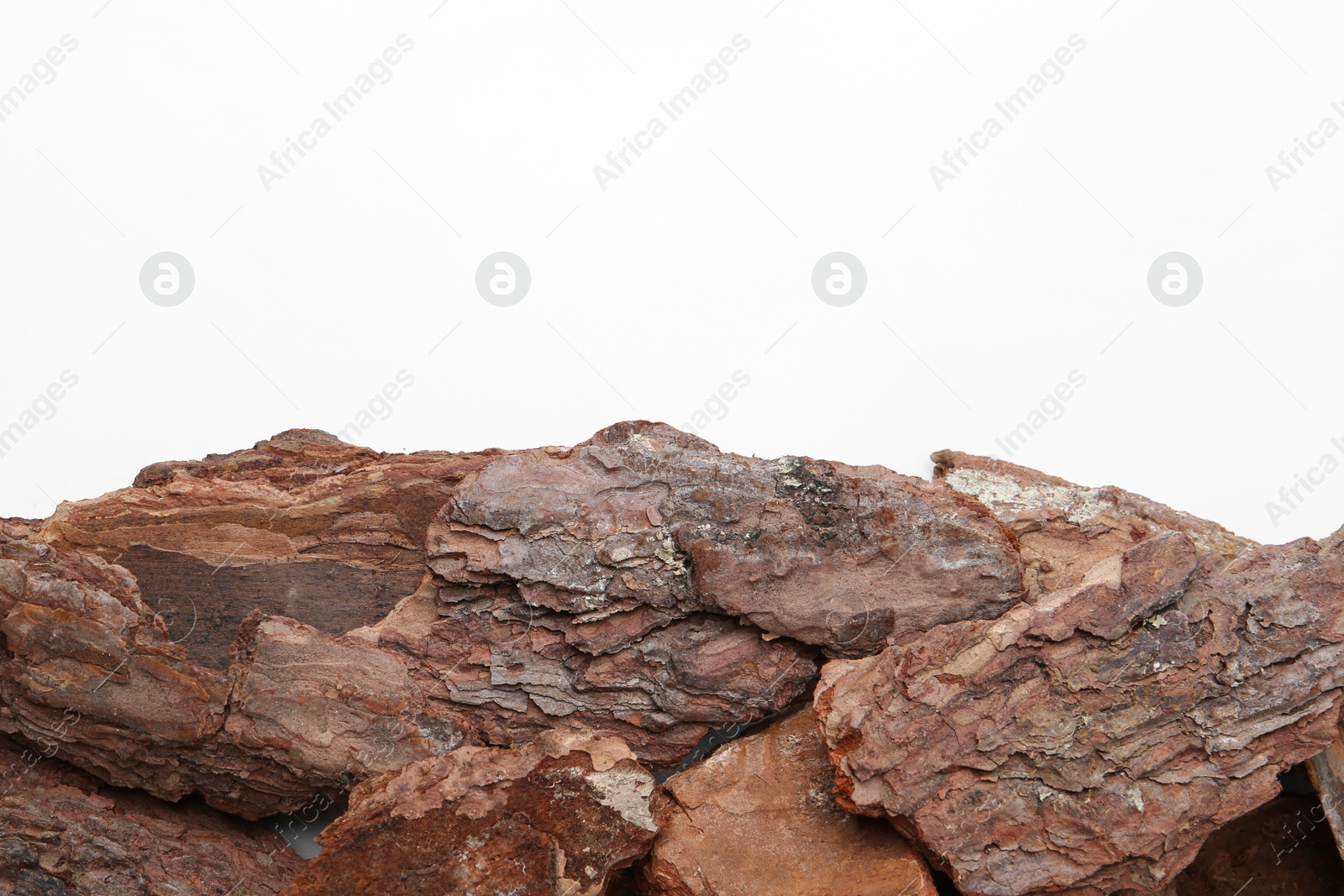 Photo of Pieces of tree bark on white background, top view. Space for text