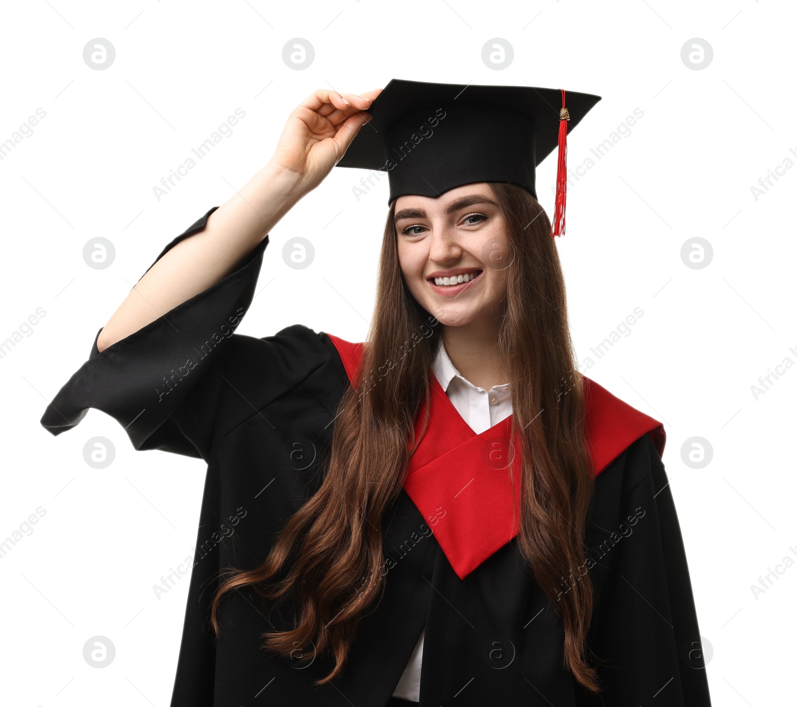 Photo of Happy student after graduation on white background