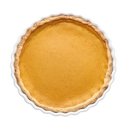 Photo of Tasty homemade pumpkin pie in baking dish isolated on white, top view