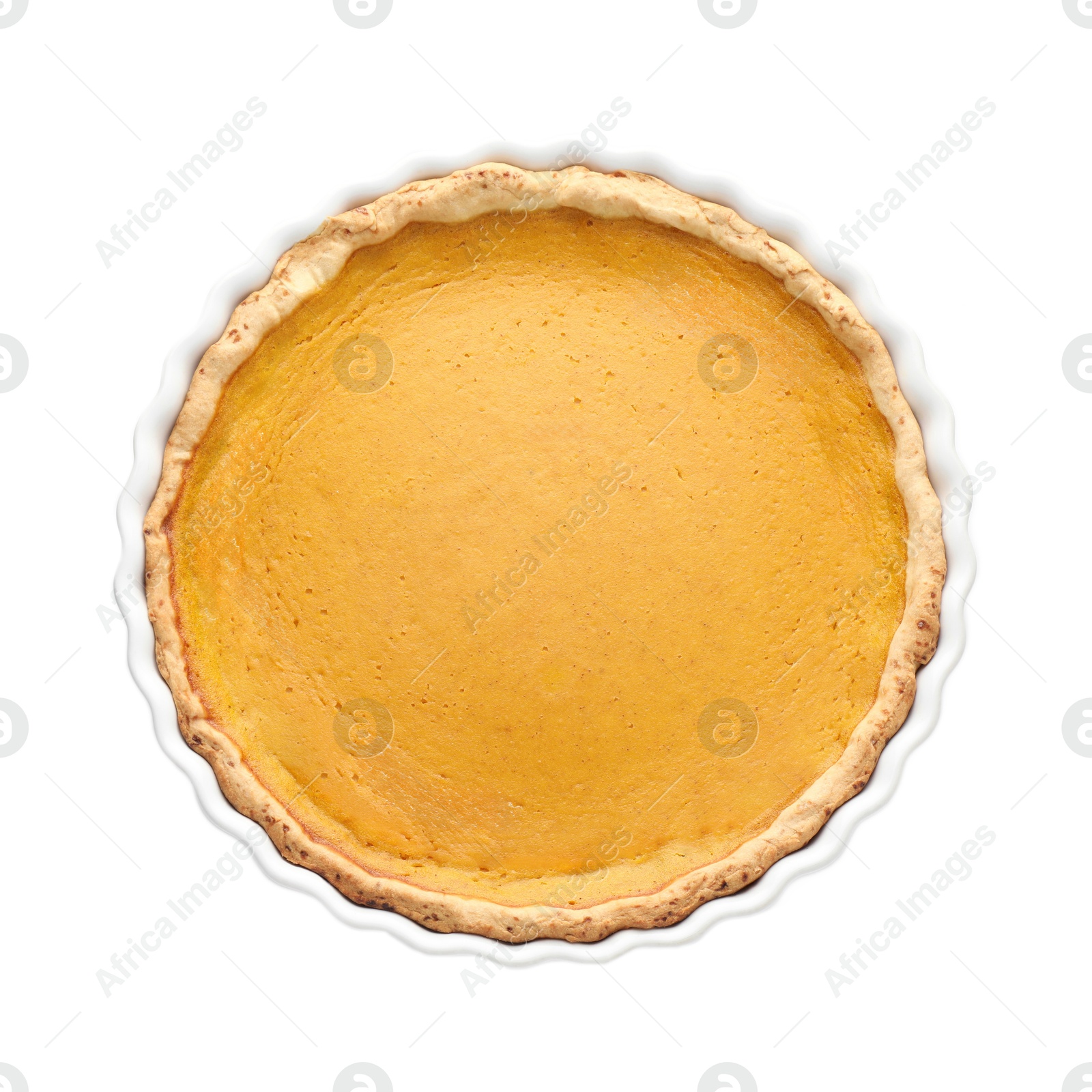 Photo of Tasty homemade pumpkin pie in baking dish isolated on white, top view