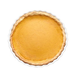 Photo of Tasty homemade pumpkin pie in baking dish isolated on white, top view