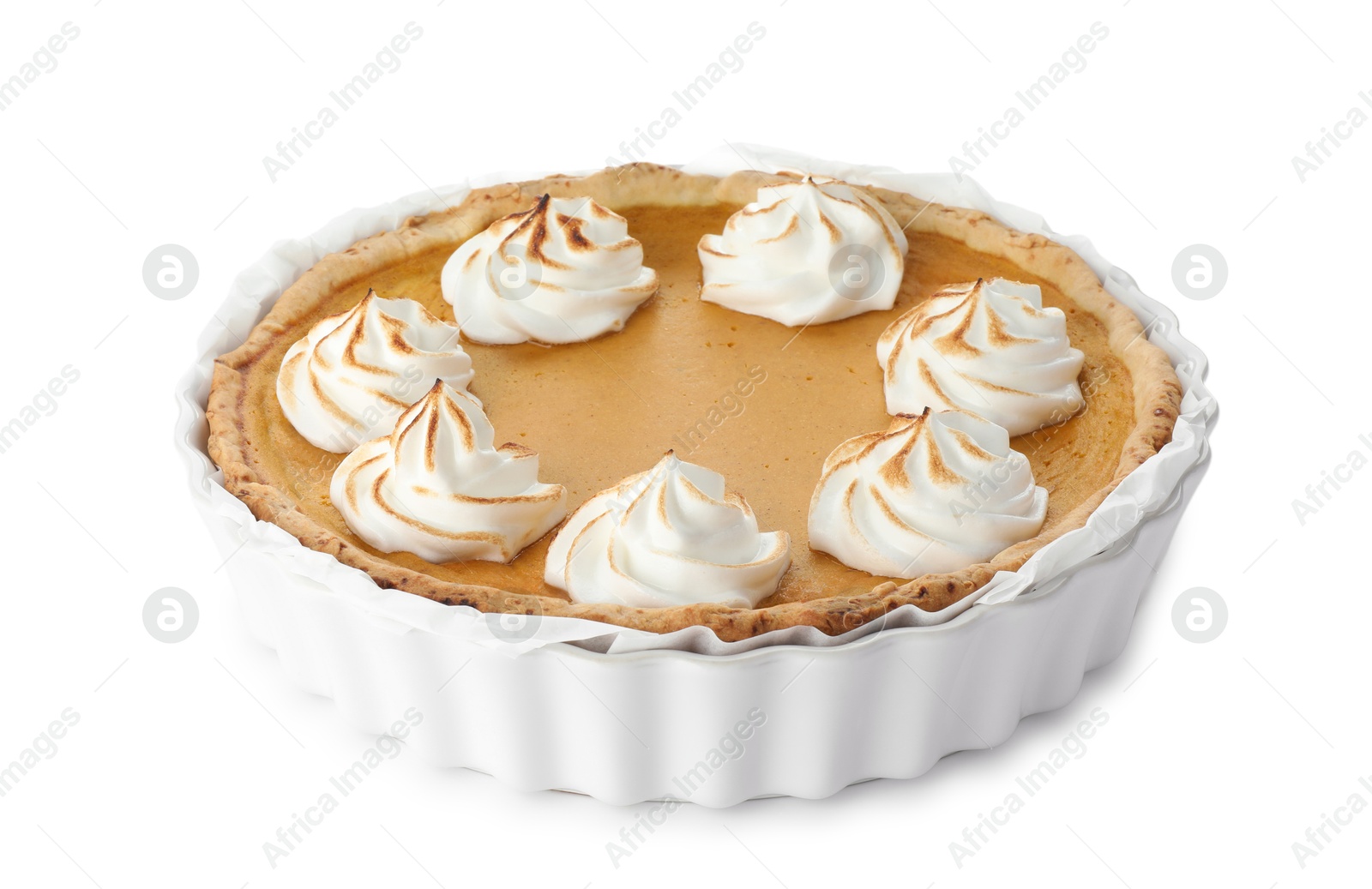 Photo of Tasty homemade pumpkin pie in baking dish isolated on white