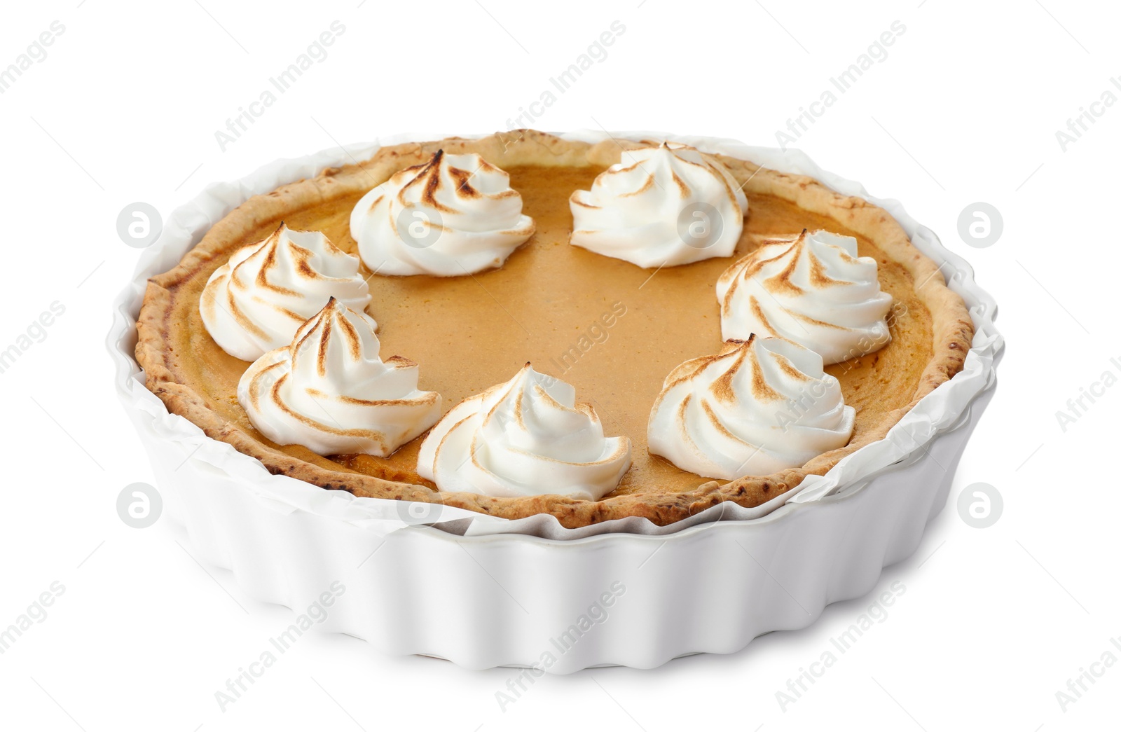 Photo of Tasty homemade pumpkin pie in baking dish isolated on white