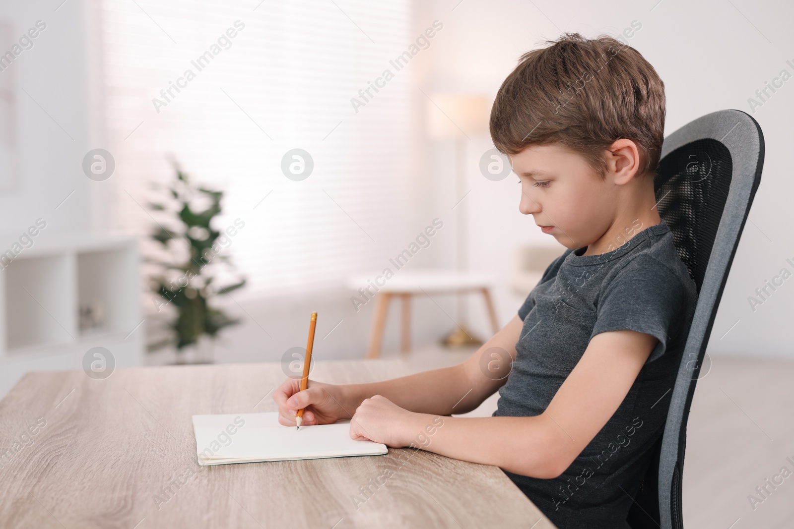 Photo of Boy with correct posture doing homework at wooden desk indoors