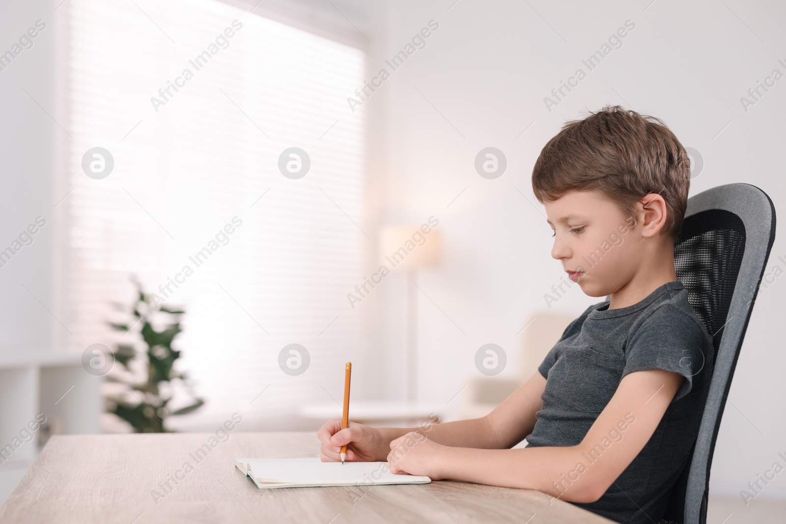 Photo of Boy with correct posture doing homework at wooden desk indoors