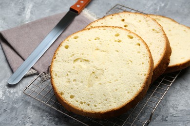 Photo of Delicious cut sponge cake and knife on grey textured table