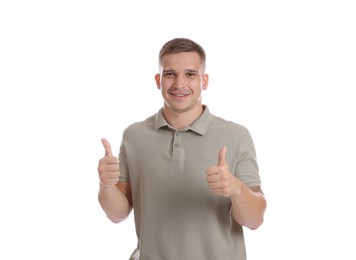 Photo of Happy winner showing thumbs up on white background