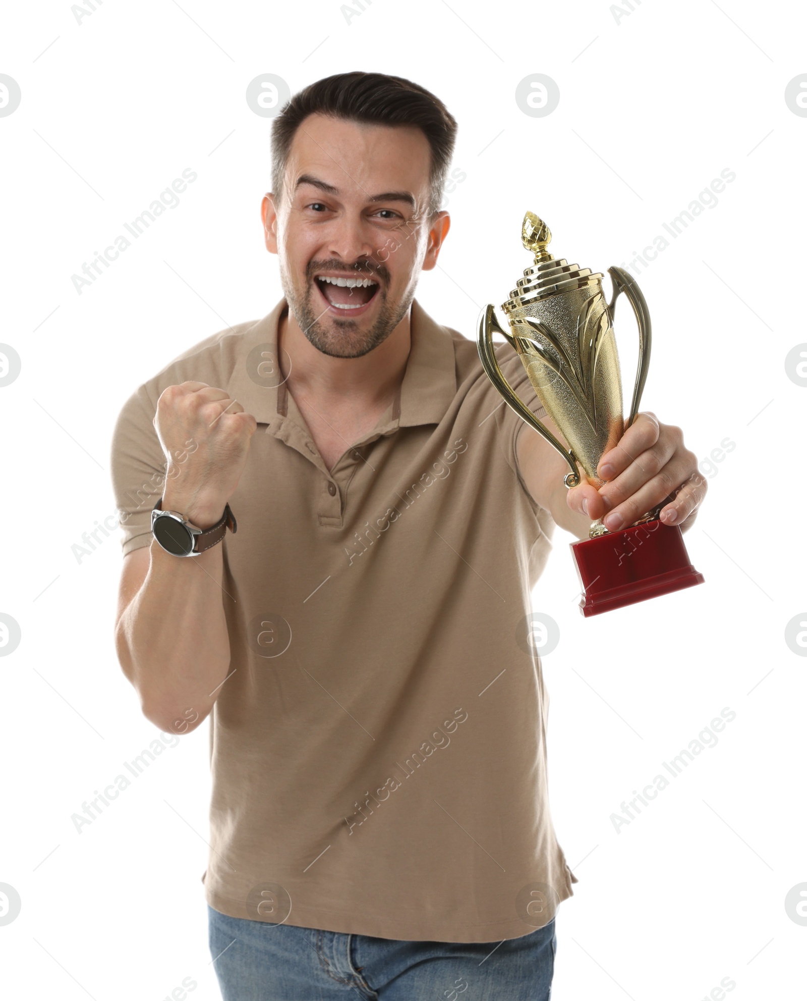 Photo of Happy winner with golden trophy cup on white background