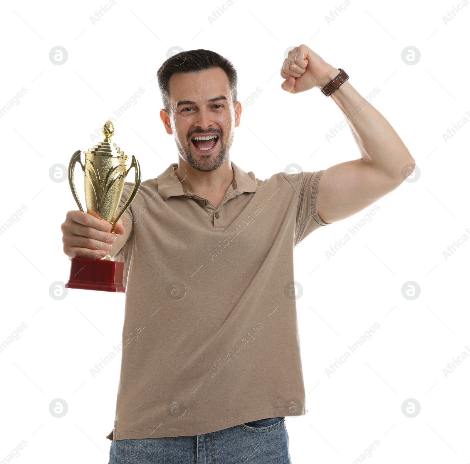 Photo of Happy winner with golden trophy cup on white background