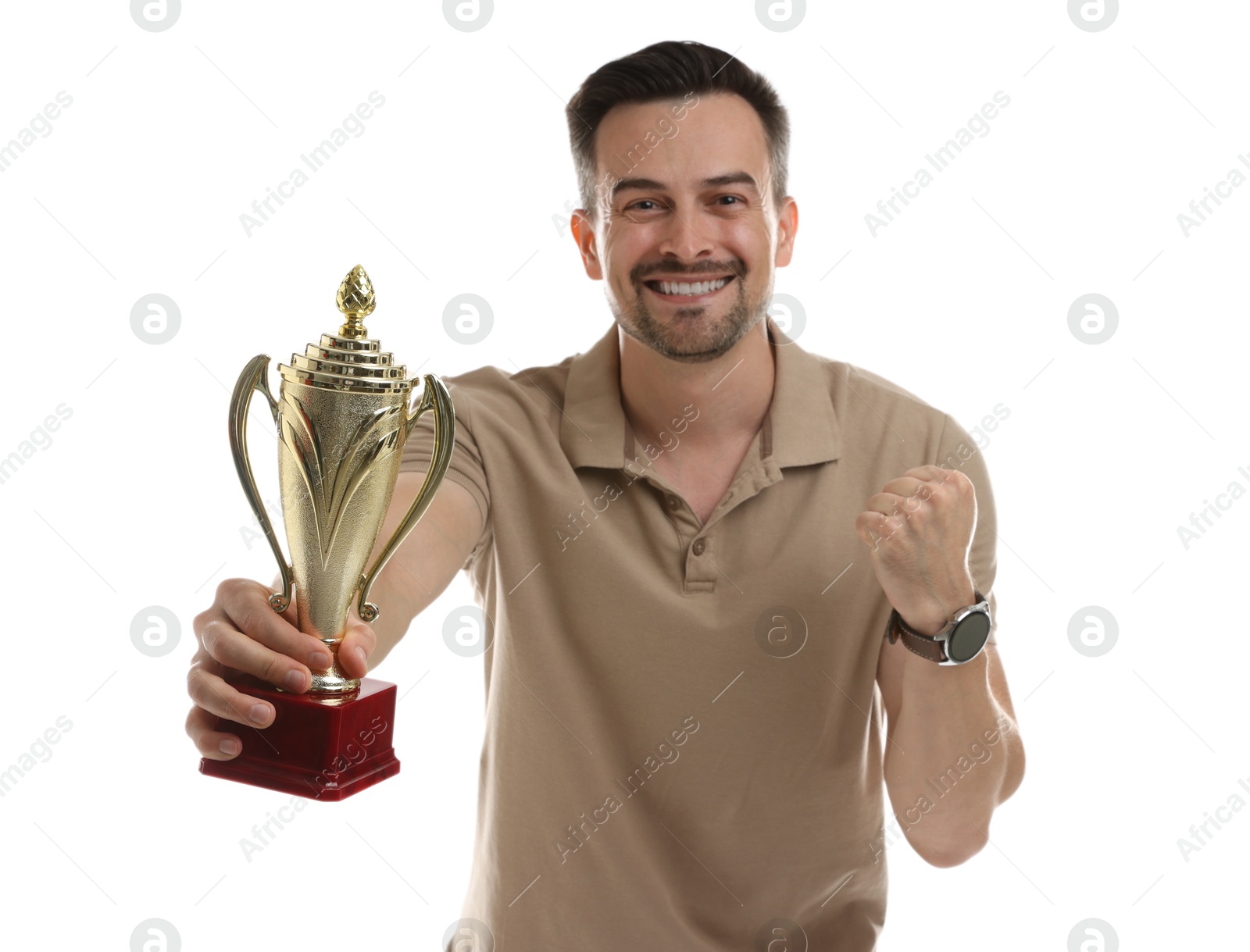 Photo of Happy winner with golden trophy cup on white background