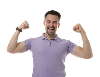 Photo of Happy winner showing his biceps on white background