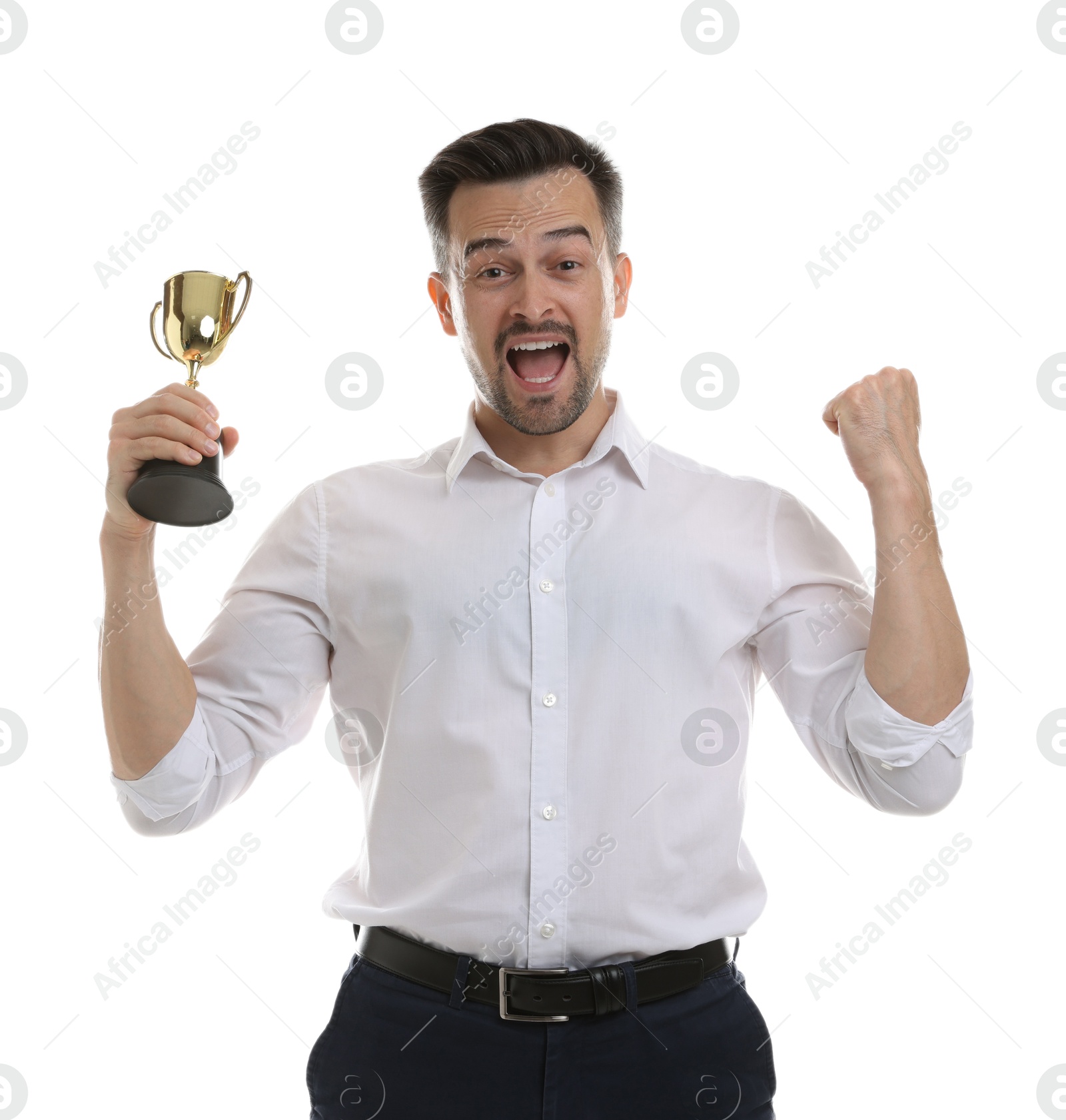 Photo of Happy winner with golden trophy cup on white background