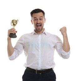 Photo of Happy winner with golden trophy cup on white background