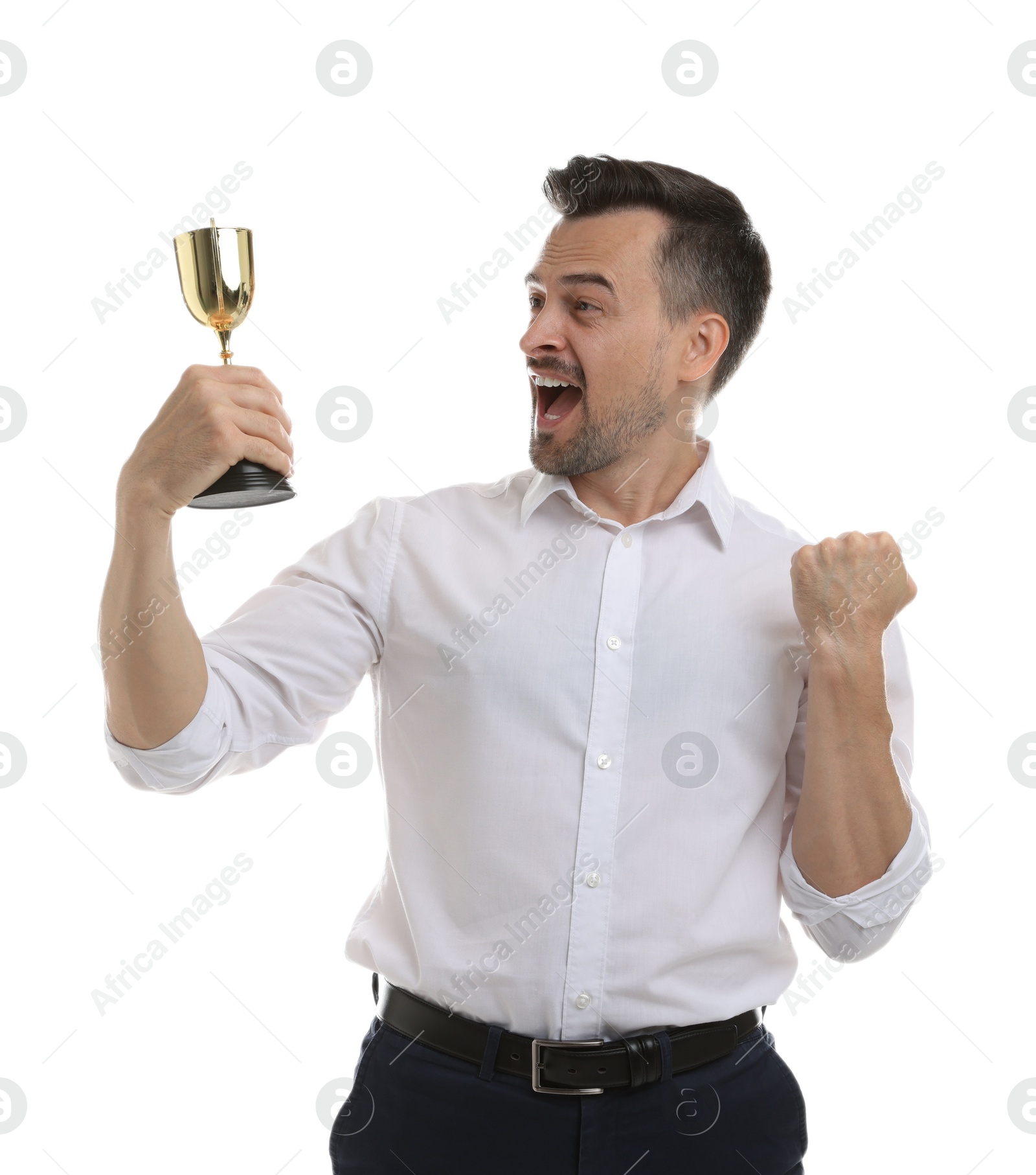 Photo of Happy winner with golden trophy cup on white background