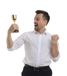 Photo of Happy winner with golden trophy cup on white background