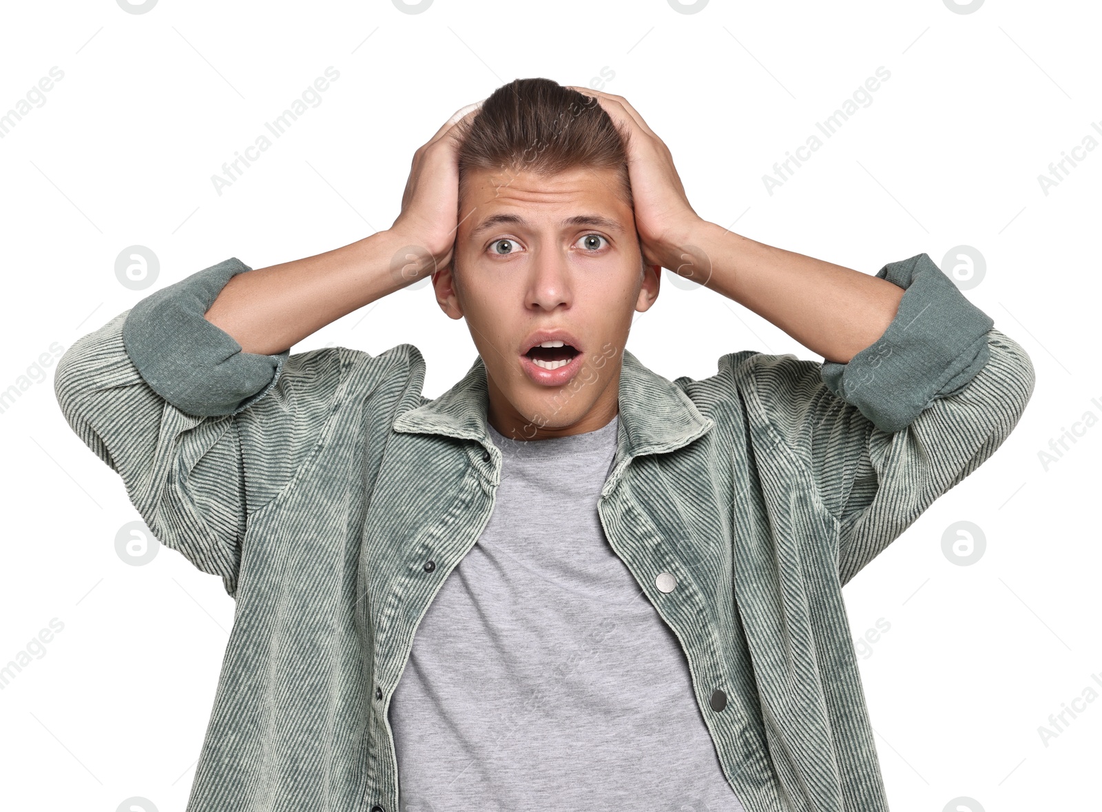 Photo of Emotional student having stress before exam on white background