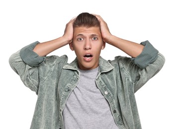 Photo of Emotional student having stress before exam on white background